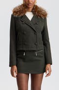Avec Les Filles Cropped Houndstooth Peacoat with Detachable Faux Fur Collar