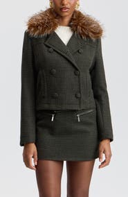 Avec Les Filles Cropped Houndstooth Peacoat with Detachable Faux Fur Collar