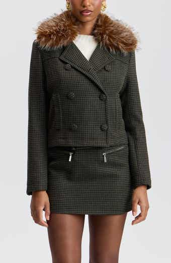 Cropped Houndstooth Peacoat with Detachable Faux Fur Collar