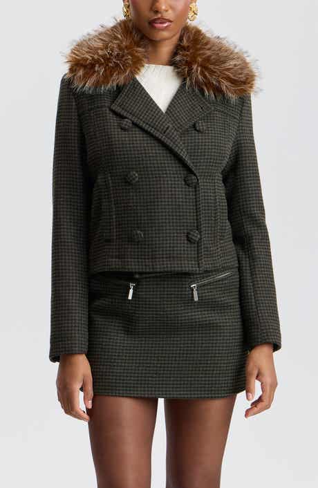 Cropped Houndstooth Peacoat with Detachable Faux Fur Collar