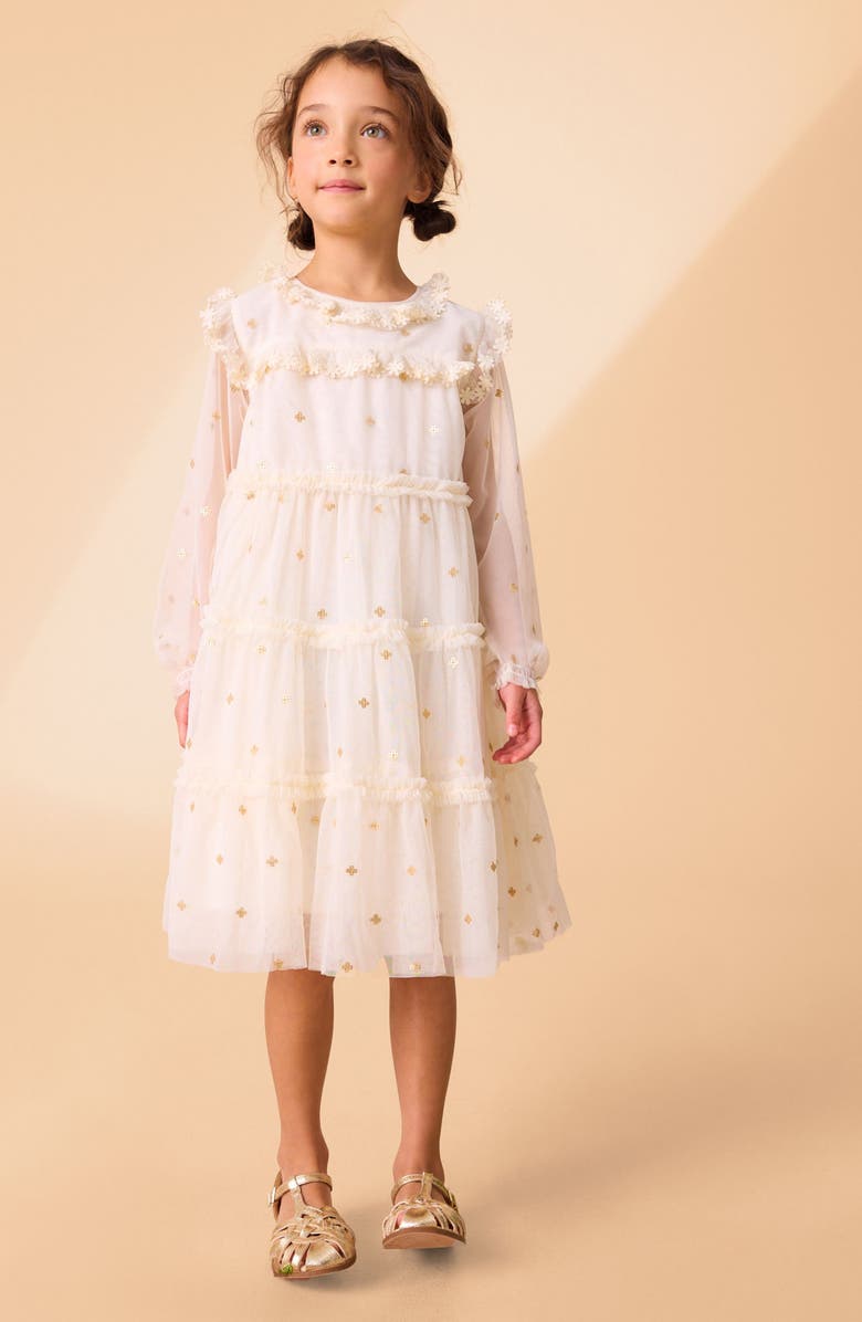 Laura Ashley Kids' Sequin Long Sleeve Mesh Party Dress, Main, color, Ivory