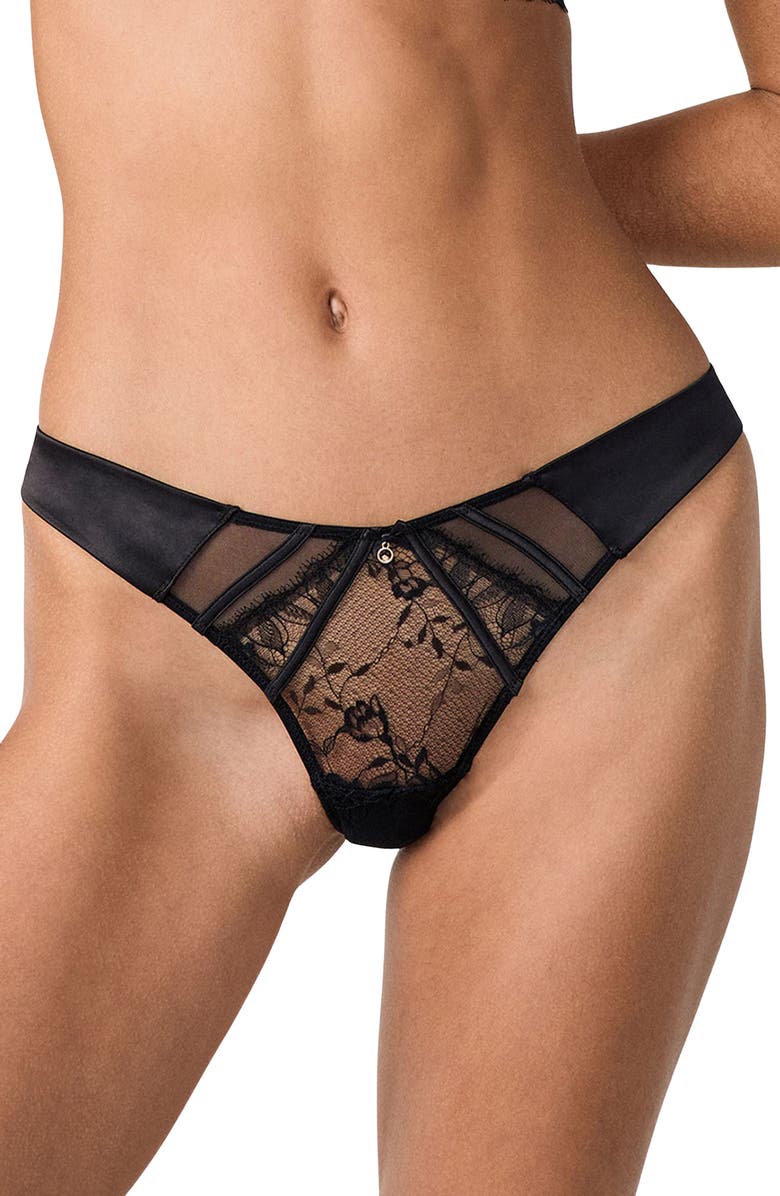 Etam Mascarade Tulle & Satin Thong, Main, color, Black