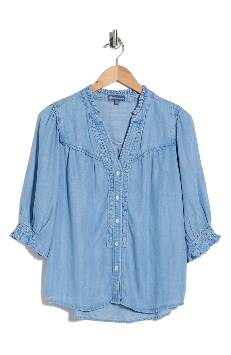 Democracy Embroidered Inset Button Up Top, Main, color, Light Blue