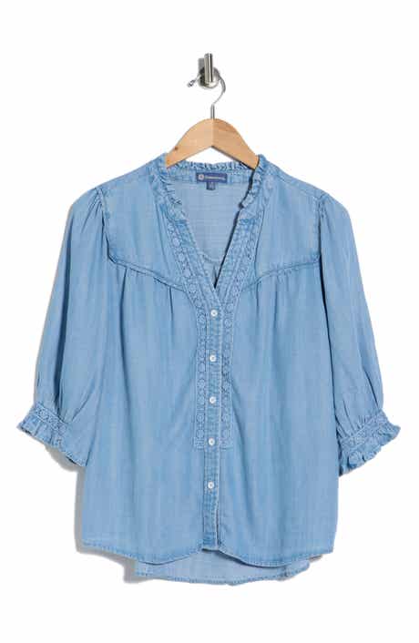 Democracy Embroidered Inset Button Up Top