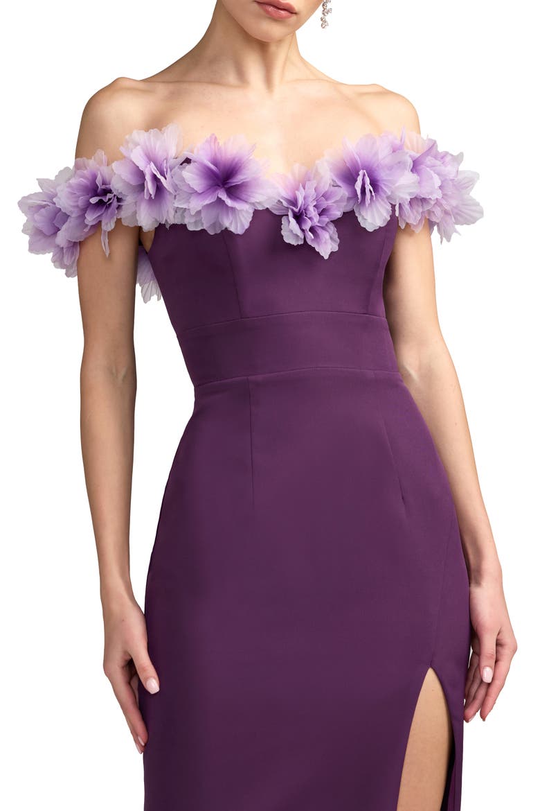 Off The Shoulder Column Gown With 3D Flowers, Alternate, color, Plum