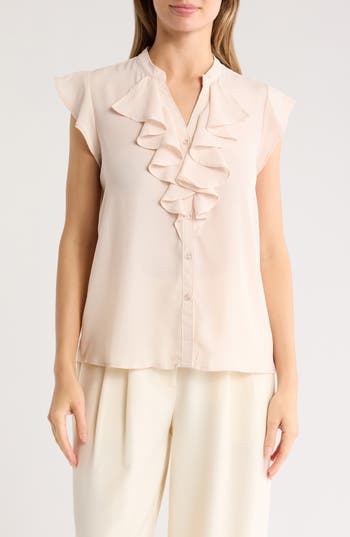 T Tahari Ruffle Cap Sleeve Button-up Top