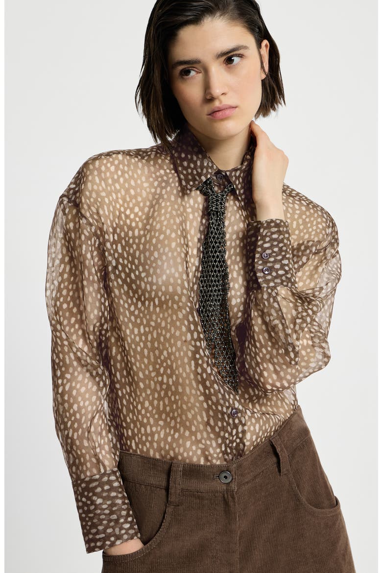 Dapple silk organza shirt with neck tie, Alternate, color, Chocolate