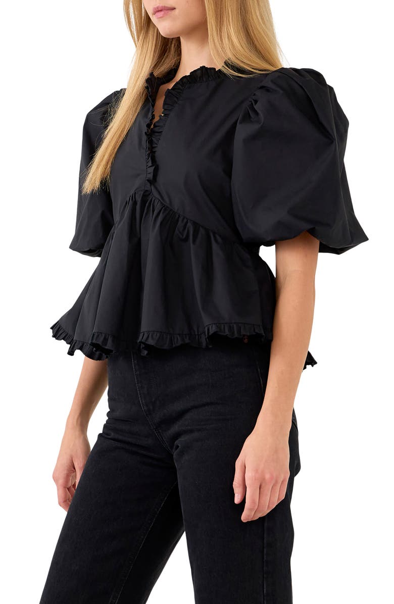 Endless Rose Ruffle Trim Puff Sleeve Peplum Cotton Top, Alternate, color, 