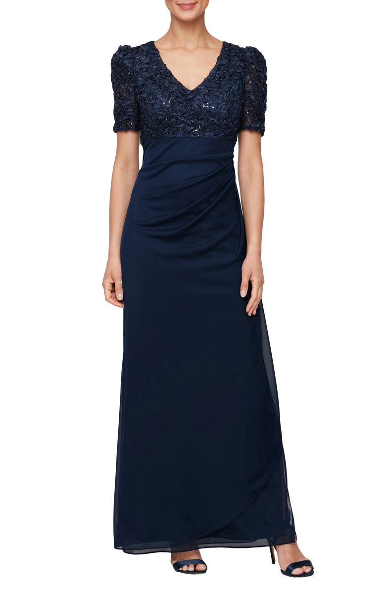 Alex Evenings Embellished Short Sleeve Empire Waist Gown, Main, color, Navy