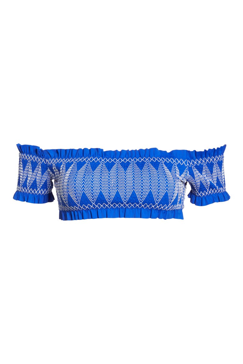 Smocked Bardot Bikini Top, Alternate, color, BRIGHT BLUE