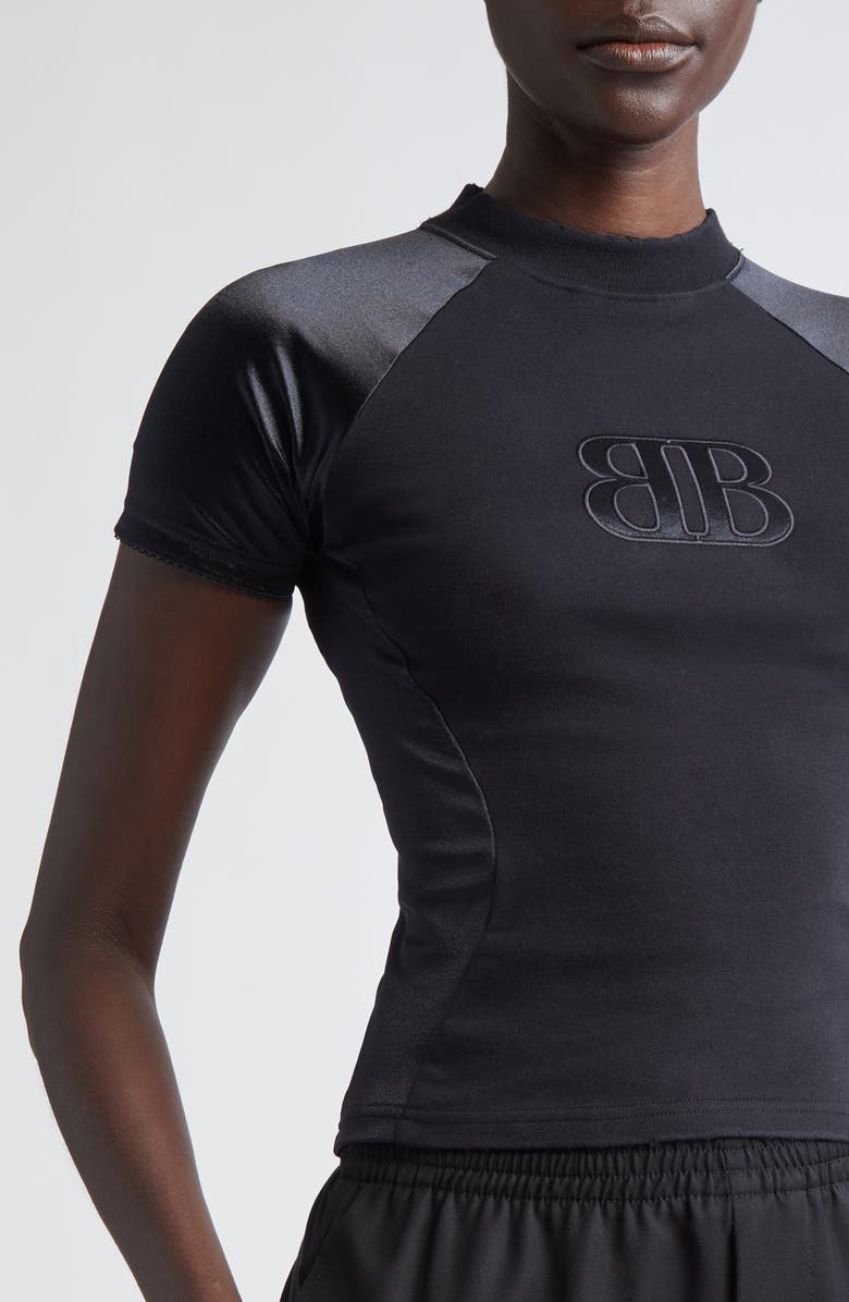 Balenciaga Nano BB Logo Mixed Media Fitted Graphic T-Shirt, Alternate, color, 1000 Black