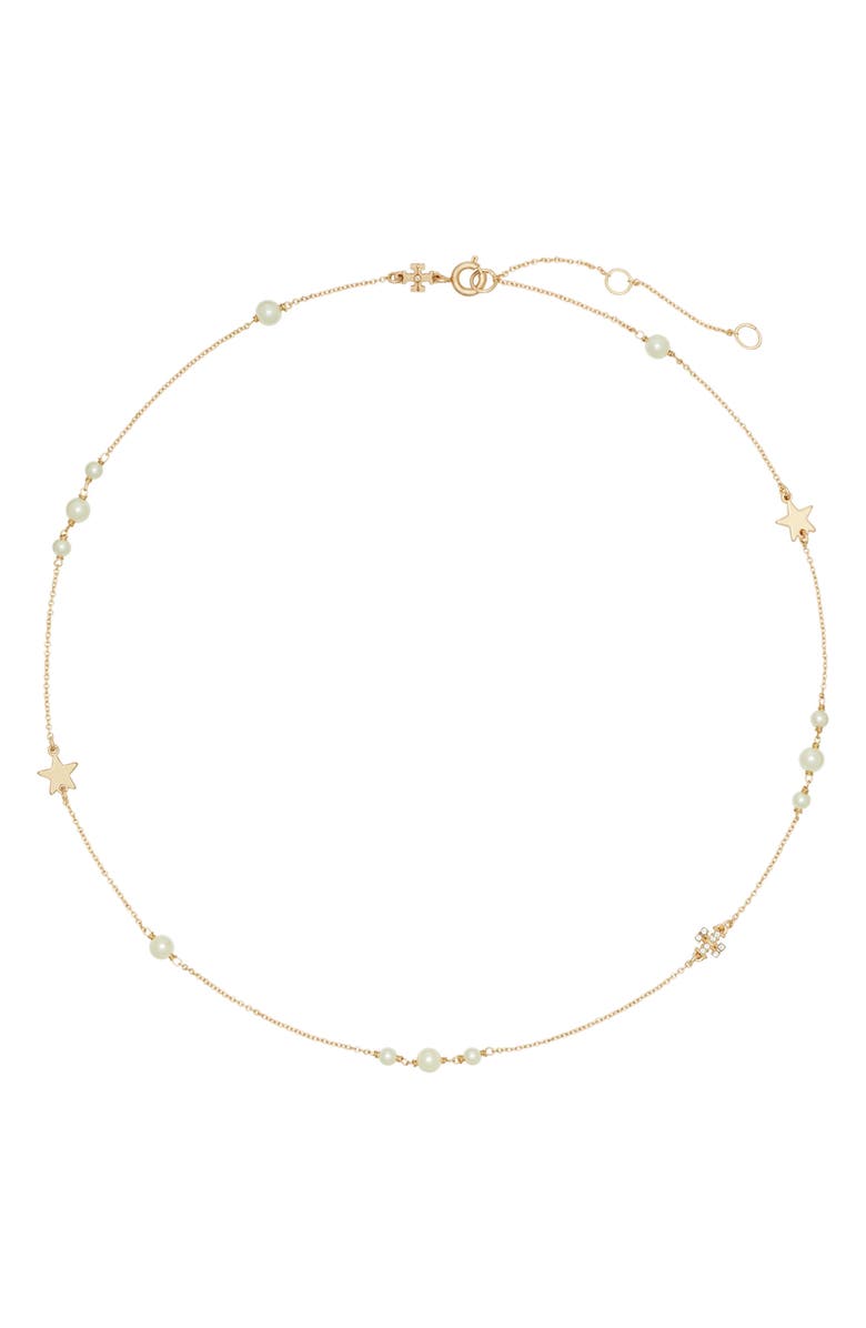 Tory Burch Delicate Moondance Pearl & Star Necklace, Main, color, Tory Gold / Crystal / Pearl