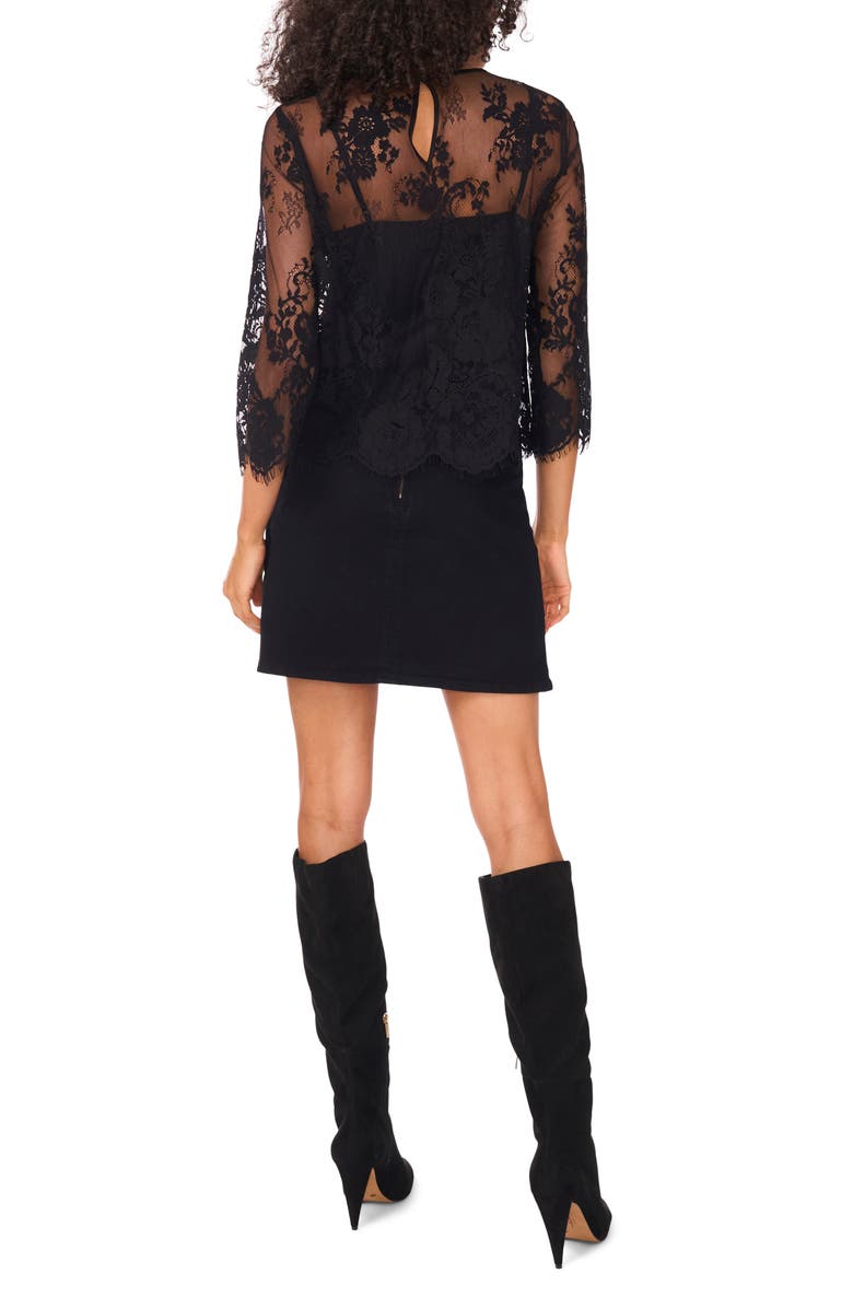 Vince Camuto Scallop Hem Cotton Blend Lace Top, Alternate, color, Rich Black