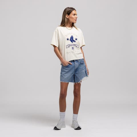Women's Mitchell & Ness  Cream Boston Red Sox Cooperstown Yacht Rock Boxy Cropped T-Shirt