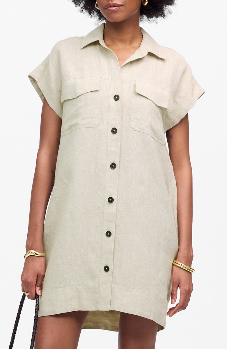 Madewell Short Sleeve Linen Utility Mini Shirtdress, Main, color, Oat Color Linen