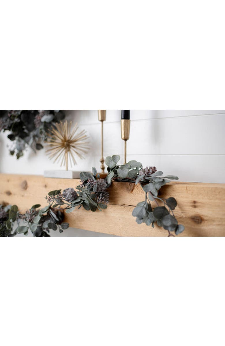 Darby Creek Trading Candlelit Evenings - Faux Dusty Green Silver Dollar Eucalyptus & Pinecone Christmas Mantel Garland, Alternate, color, Green