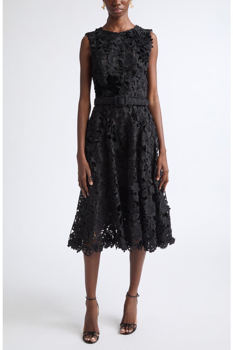 Feather Scroll Guipure Midi Dress, Main, color, BLACK