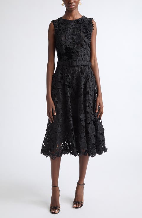 Feather Scroll Guipure Midi Dress