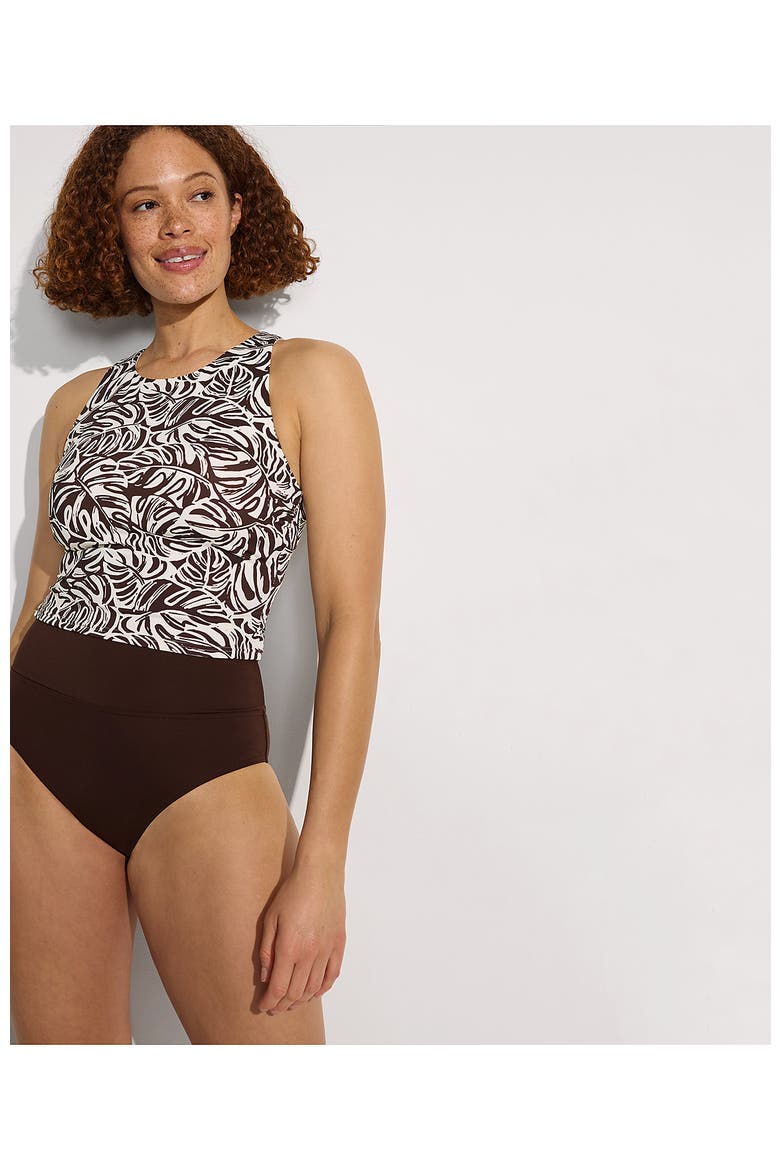 Chlorine Resistant High Neck Racerback Midkini Swimsuit Top, Alternate, color, Brown Mini Tropic Leaves