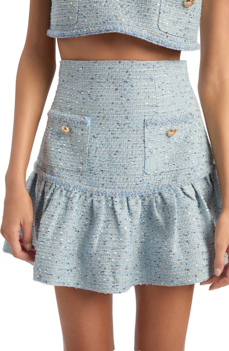 Bardot Elina Sequin Bouclé Miniskirt, Alternate, color, Blue Boucle