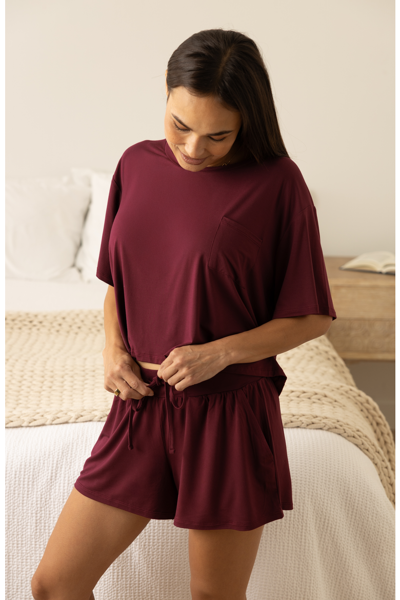 Aria Casual Cropped Short Sleeve Top, Alternate, color, Deep Burgundy