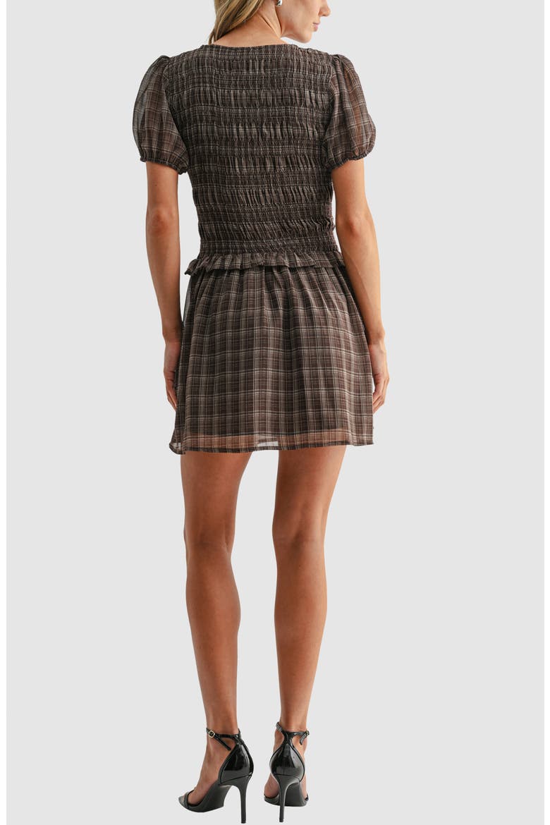 Puff Sleeve Smocked Minidress, Alternate, color, BROWN PLAID
