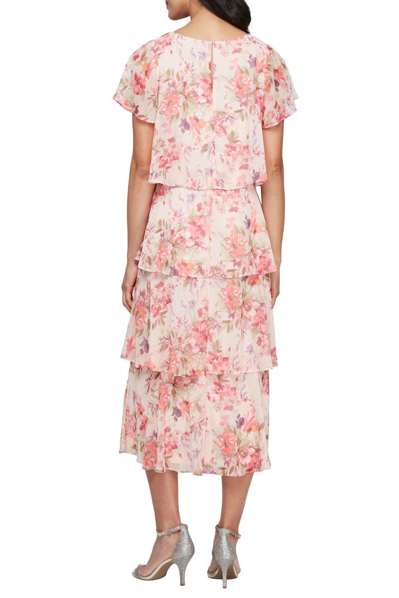 Tiered Floral Cocktail Midi Dress, Alternate, color, PEACH MULTI