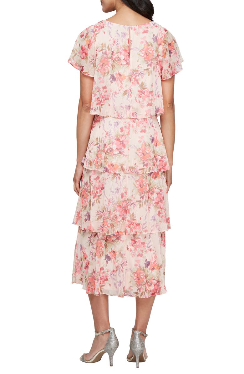 SL FASHIONS Tiered Floral Cocktail Midi Dress, Alternate, color, Peach Multi