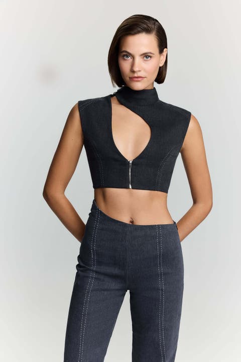 Dew Drop Denim Vest - Unique Asymmetrical Zipper Top