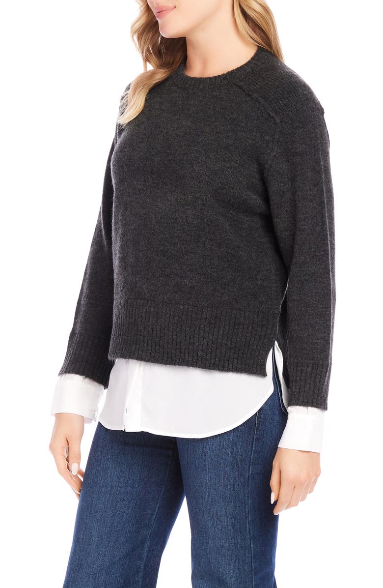 Karen Kane Mixed Media Layered Crewneck Sweater, Alternate, color, Charcoal