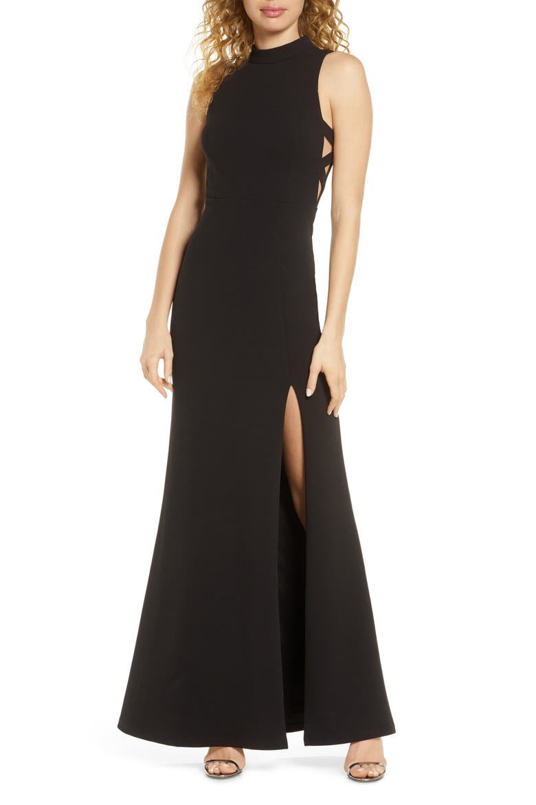 Keep on Dancing Cutout Mock Neck Gown, Main, color, BLACK
