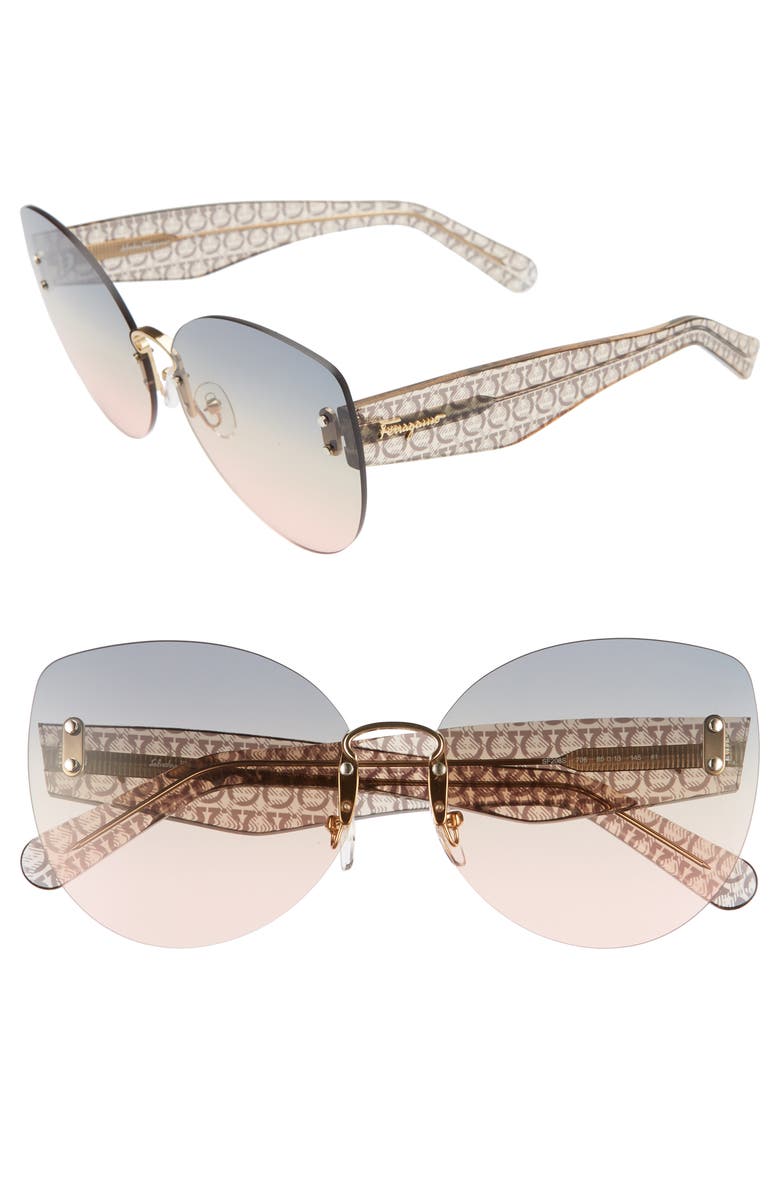 FERRAGAMO Salvatore Ferragamo 65mm Oversize Rimless Butterfly Sunglasses, Main, color, 