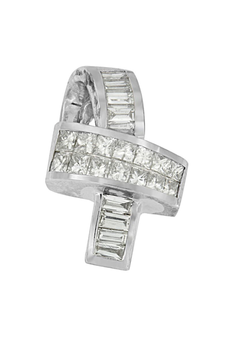 14K White Gold 2 cttw Princess and Baguette Cut Diamond Ribbon Pendant Necklace, Alternate, color, White