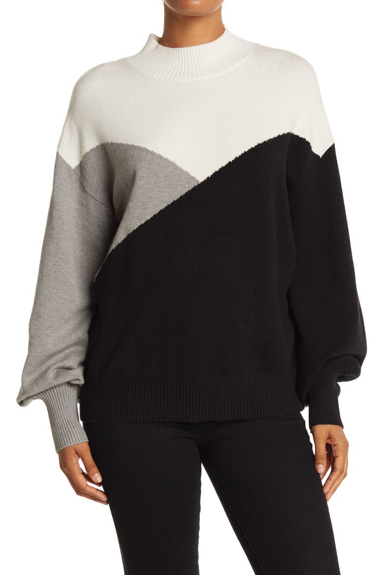 Colorblock Print Blouson Sleeve Sweater, Main, color, LT GREY MIX COMBO