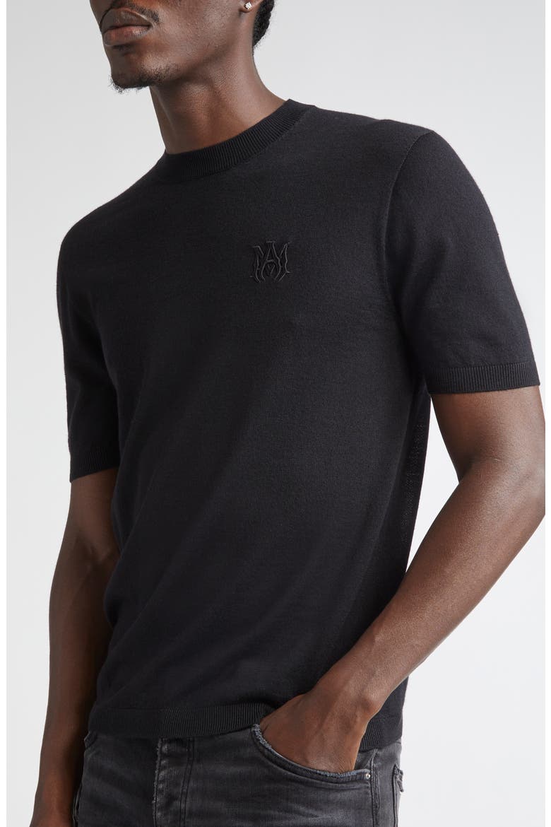 MA Monogram Embroidered Short Sleeve Wool & Silk Sweater, Alternate, color, BLACK