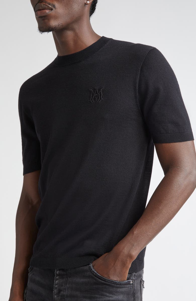 AMIRI MA Monogram Embroidered Short Sleeve Wool & Silk Sweater, Alternate, color, Black