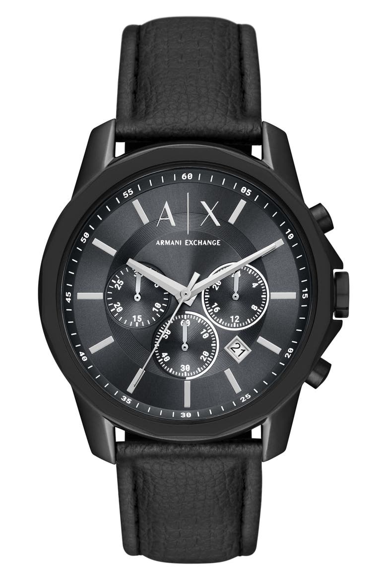 Chronograph Leather Watch, 44mm, Main, color, BLACK
