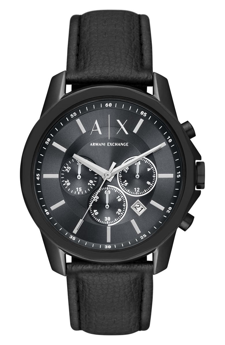 AX Armani Exchange Chronograph Leather Watch, 44mm, Main, color, Black