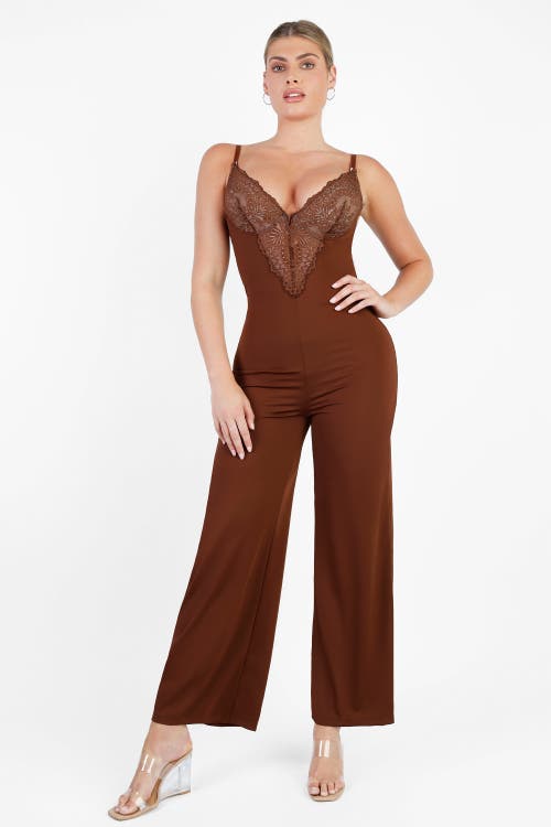 Popilush Shapewear Lace Deep V-neck Sculpting Wide Leg Jumpsuit In Russett