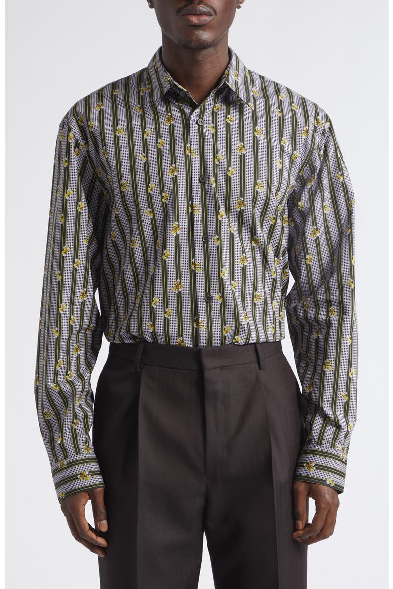 Floral Stripe Cotton Button-Up Shirt, Main, color, LILAC
