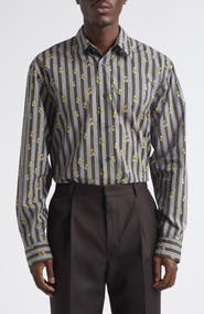 Dries Van Noten Floral Stripe Cotton Button-Up Shirt