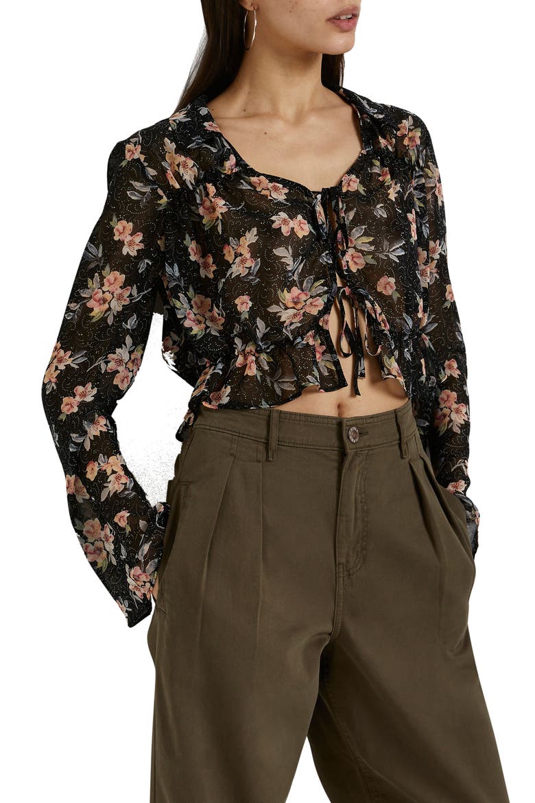 Print Tie Front Crop Blouse, Main, color, BLACK