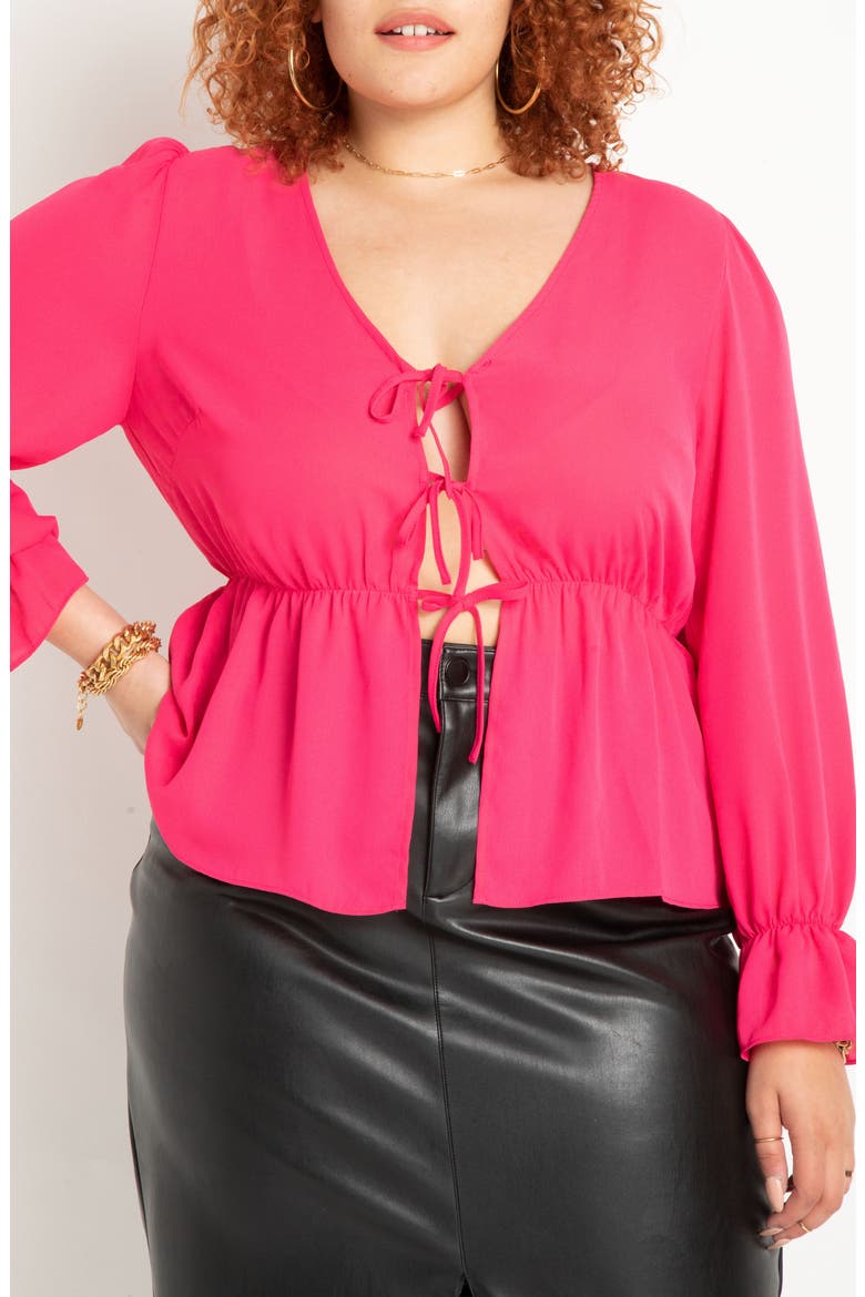 Tie Front Long Sleeve Peplum Blouse, Alternate, color, BRIGHT PINK