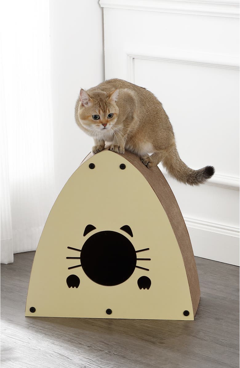 The Licker Store Koko 19" Modern Cardboard Triangle Cat Cave Scratcher with Catnip, Alternate, color, Almond