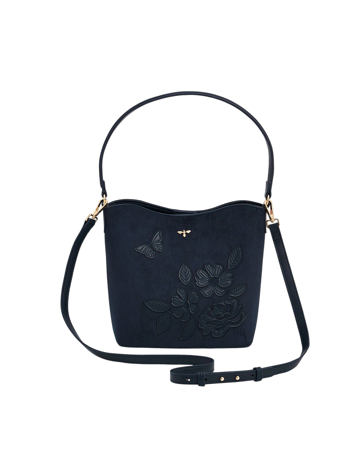 Margot Floral Applique Faux Suede Bucket Purse, Alternate, color, Navy