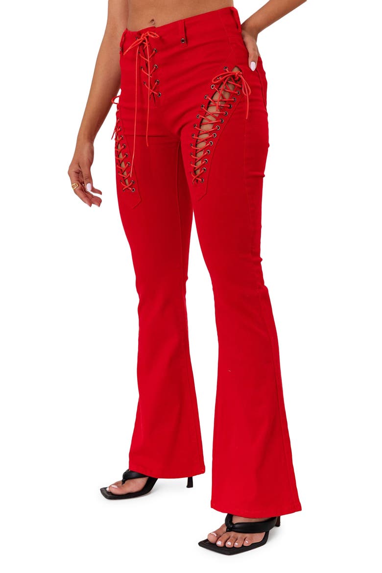 Engine Red Lace-Up High Waist Flare Jeans, Alternate, color, RED
