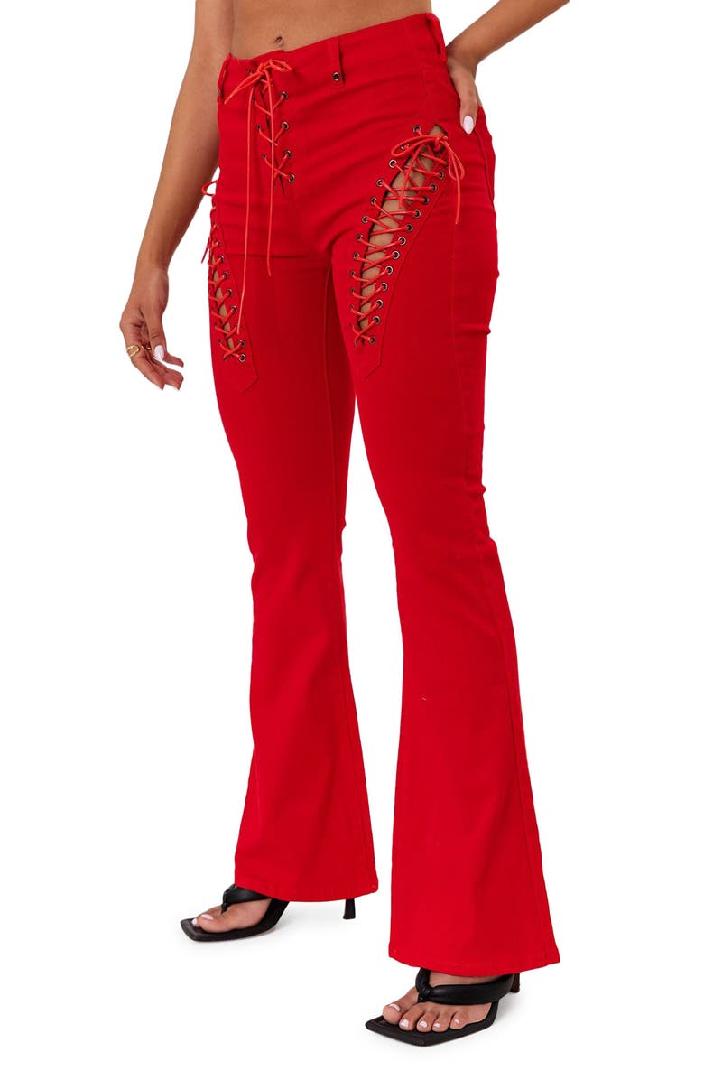 EDIKTED Engine Red Lace-Up High Waist Flare Jeans, Alternate, color, 