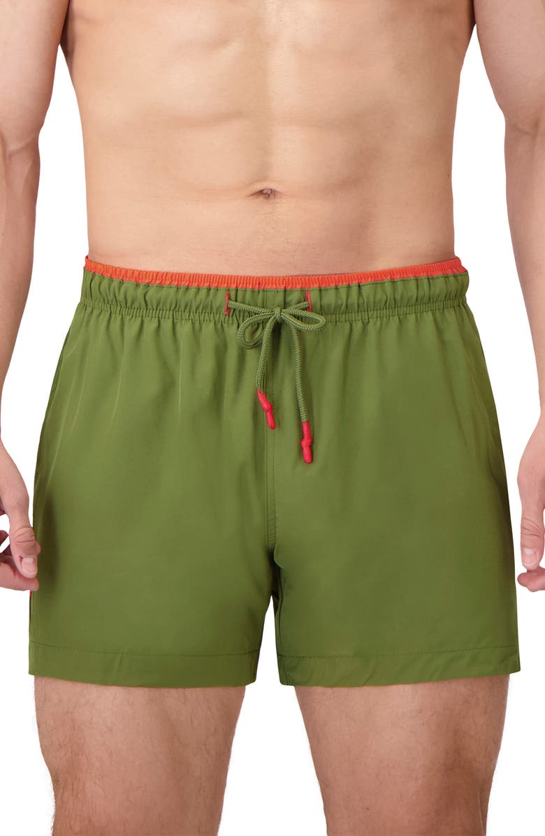 Sunset x Vine Contrast Trim Solid Swim Trunks, Main, color, Green