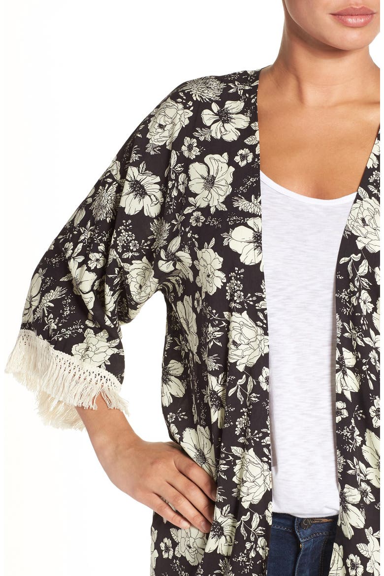 Floral Print Fringe Kimono, Alternate, color, BLACK