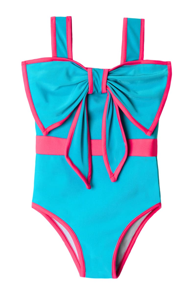 Mia Belle Girls Kids' Colorblock Bow One Piece Swimsuit, Main, color, Blue-Green